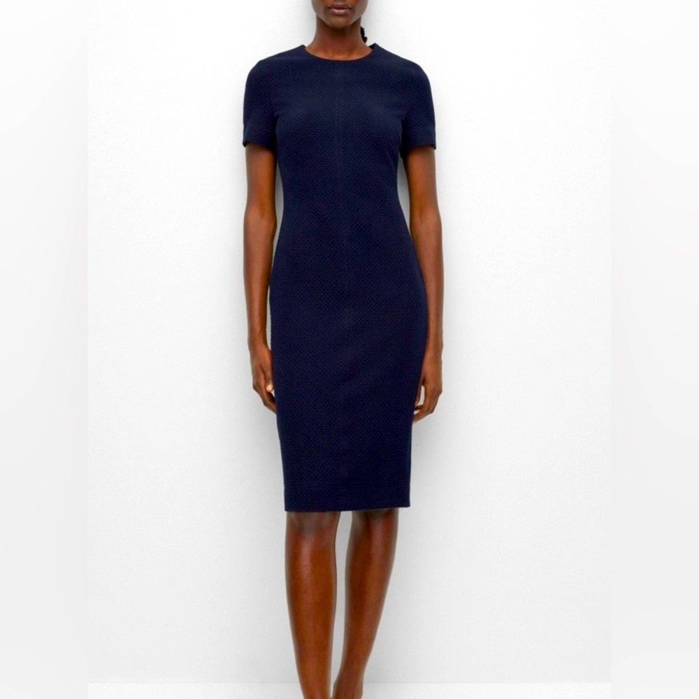 Blue Hugo Boss Daxine 3/4 Short Sleeve Textured Midi Sheath Dress